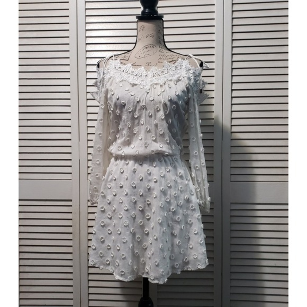 Karina Grimaldi Fleur Voile Blouson Mini Dress Women's XS White Off Shoulder